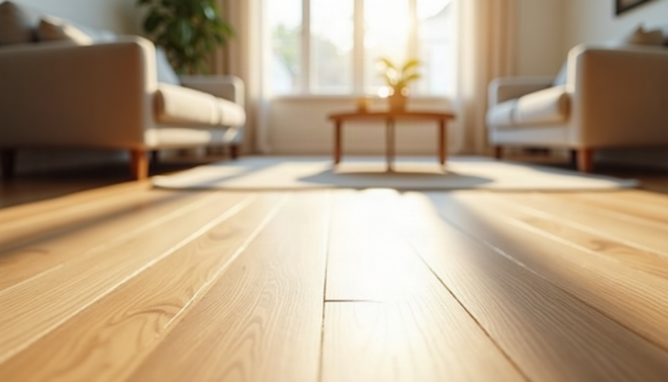 Wide oak planks seen from floor level in a sunlit living room with a softly blurred interior behind.
