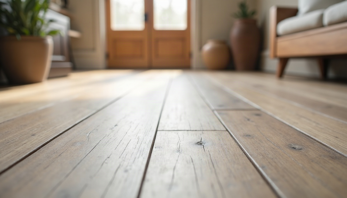 Matte porcelain tile meeting reclaimed oak planks at a front entry in soft daylight.