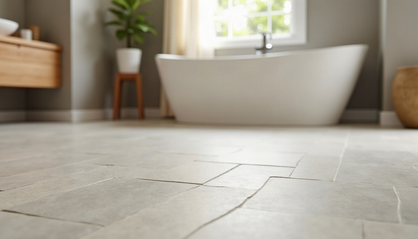 Matte porcelain bathroom floor tile with grout lines in soft daylight beside a freestanding tub.