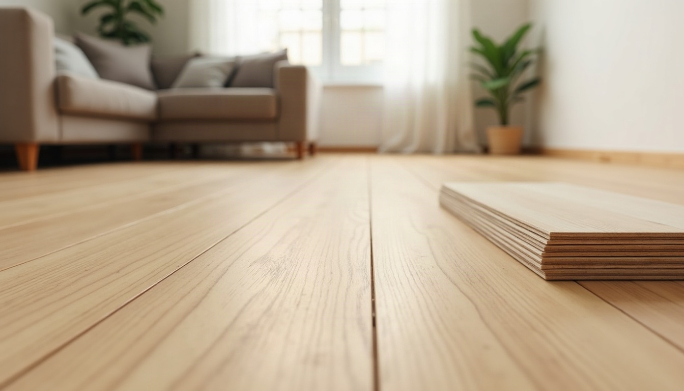 Honey-oak-look vinyl plank flooring in a bright renovated living room, with a few spare planks stacked near the edge.