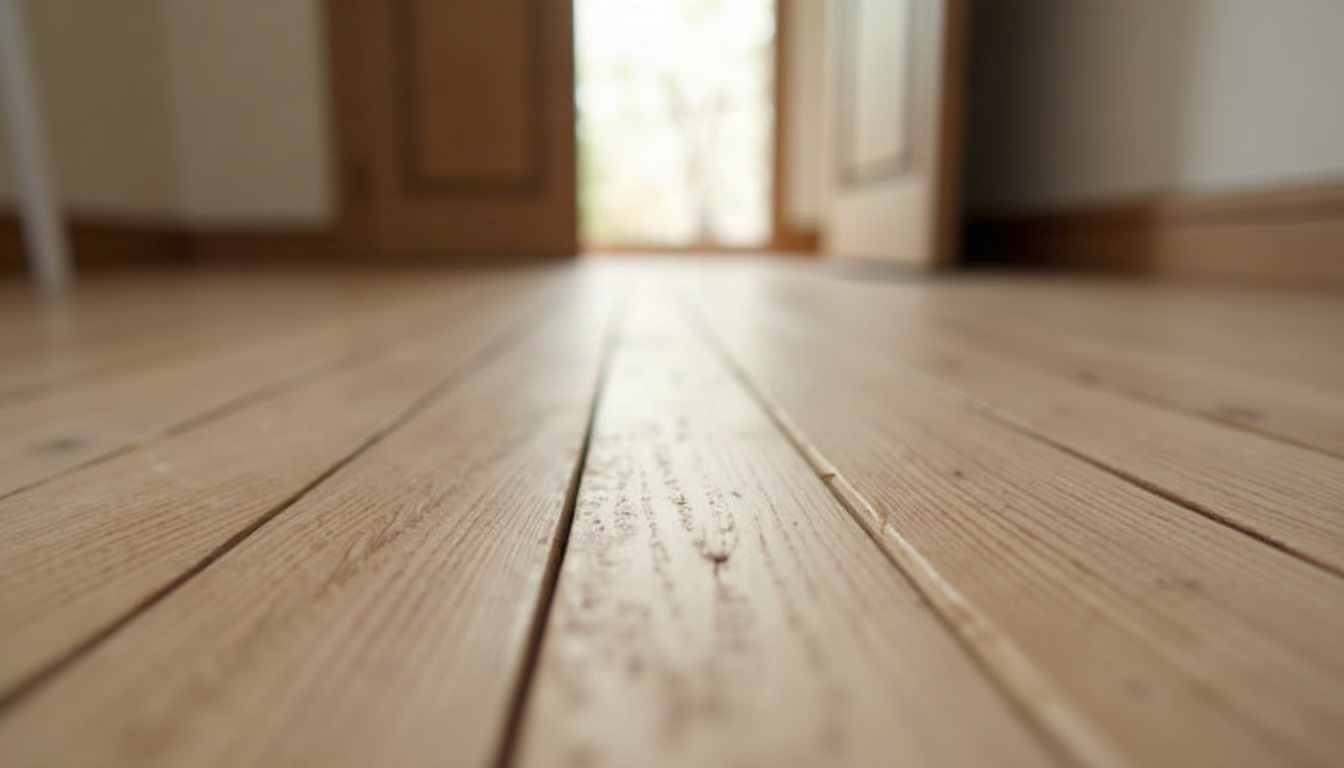 A low-angle view of a hallway floor where wide oak planks meet a herringbone pattern.