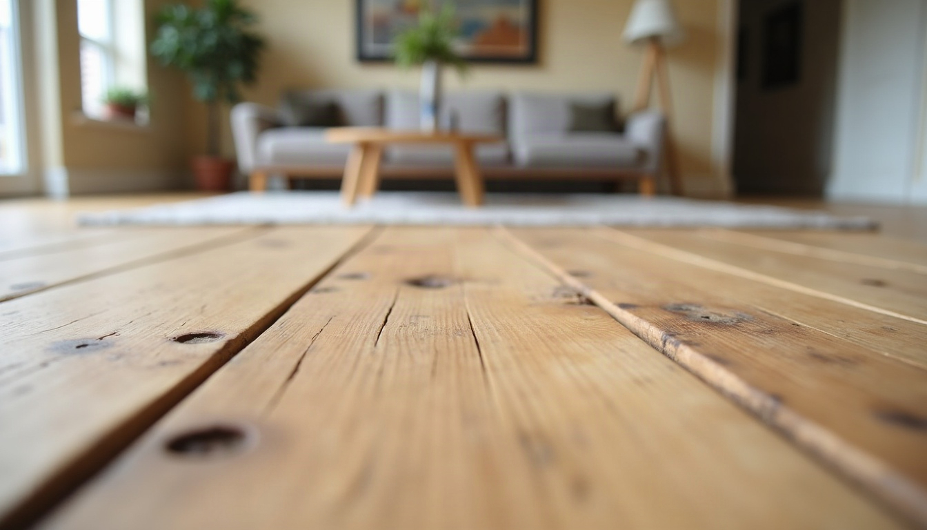Reclaimed wide-plank oak flooring with nail holes and saw marks in a bright, newly built living room.