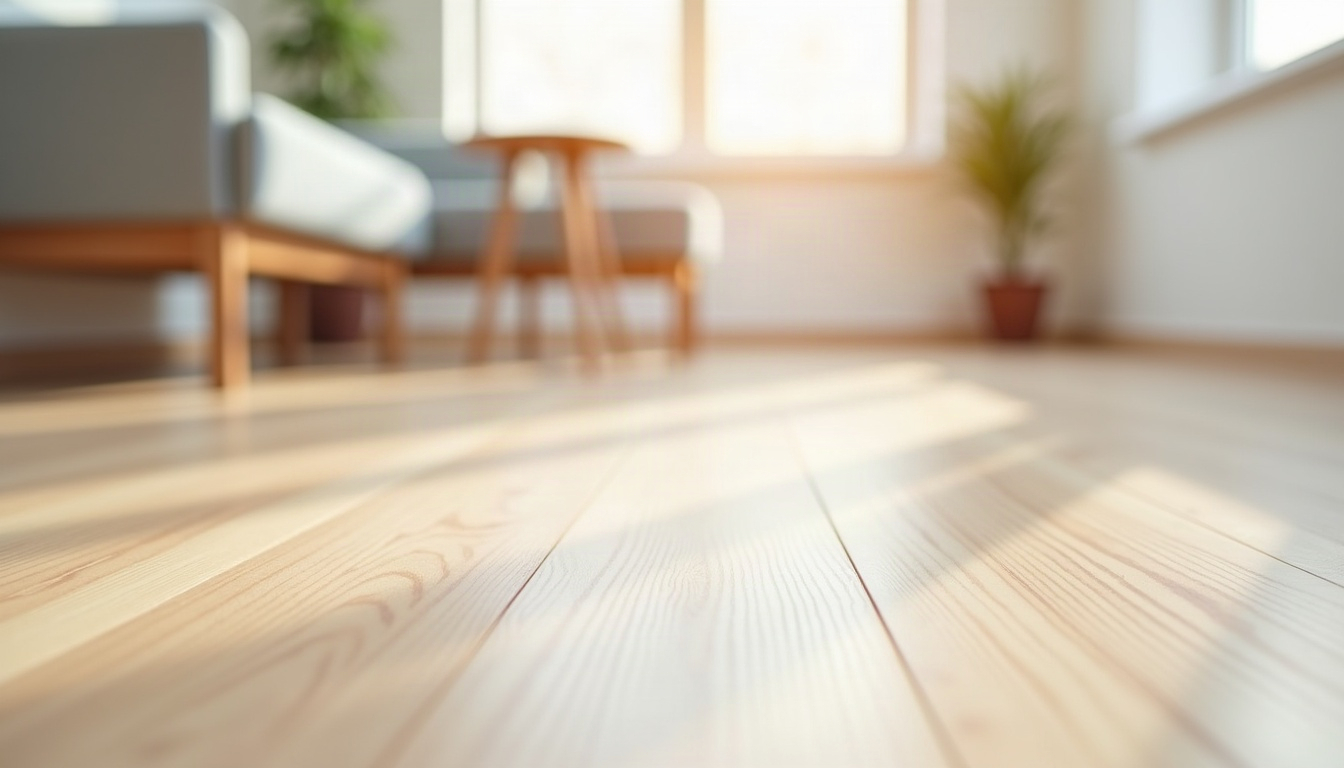 Low-angle view of a pale wood-look vinyl plank floor in a softly blurred waiting room.