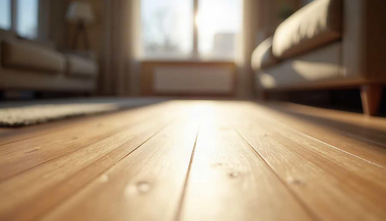 Wide-plank engineered oak floor with a band of low sunlight across a living room.