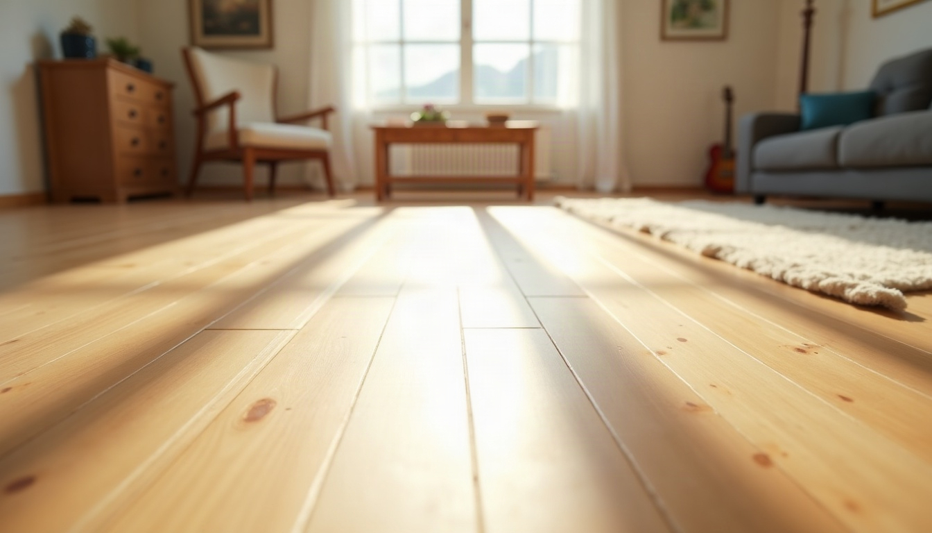Low-angle view of wide-plank oak flooring in a living room with a streak of sunlight.